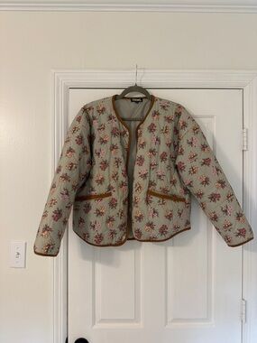 THML Sage Floral Quilted Jacket with Brown Trim